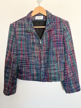 VTG Soiree Blazer Jacket Small Handwoven Silk Zipper Tweed Multi Color 90s Blue